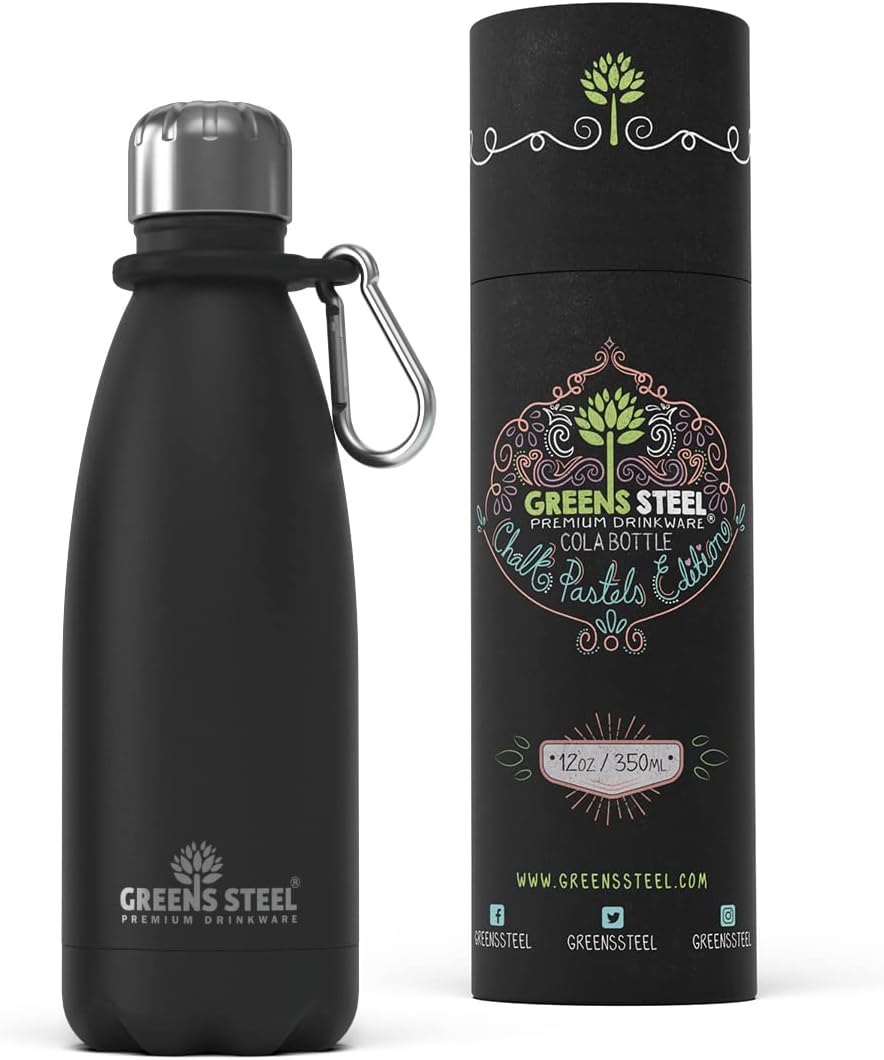 Greens Steel Stainless Steel Water Bottle 350ml, Black | Double Wall Vacuum Insulated Flask