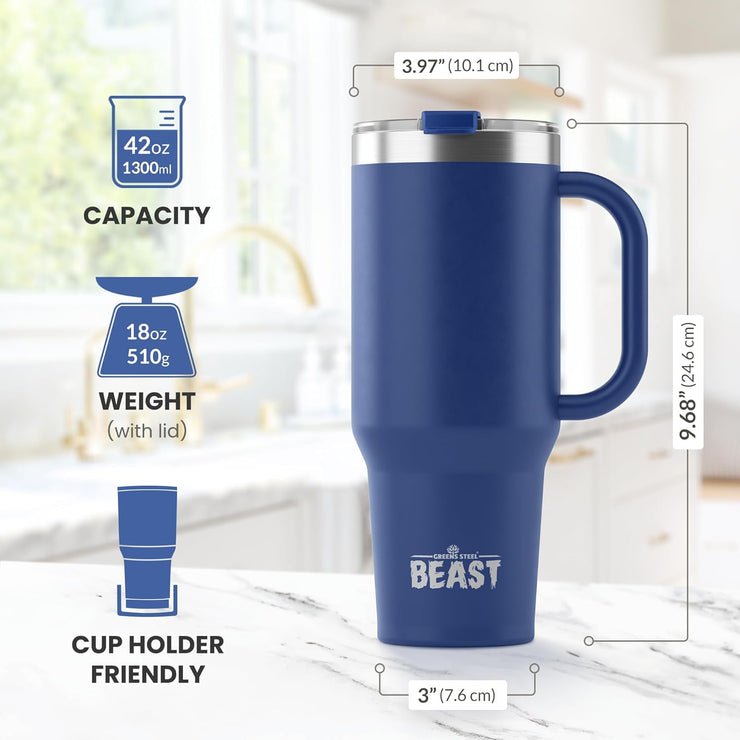 BEAST Stainless Steel Double Wall Insulated Tumbler With Straws, 42 oz, royal blue