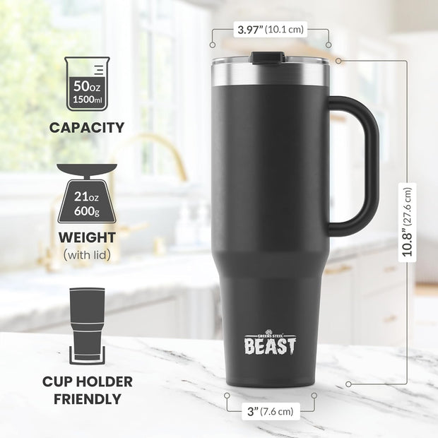 BEAST Stainless Steel Double Wall Insulated Tumbler With Straws, 50 oz, black