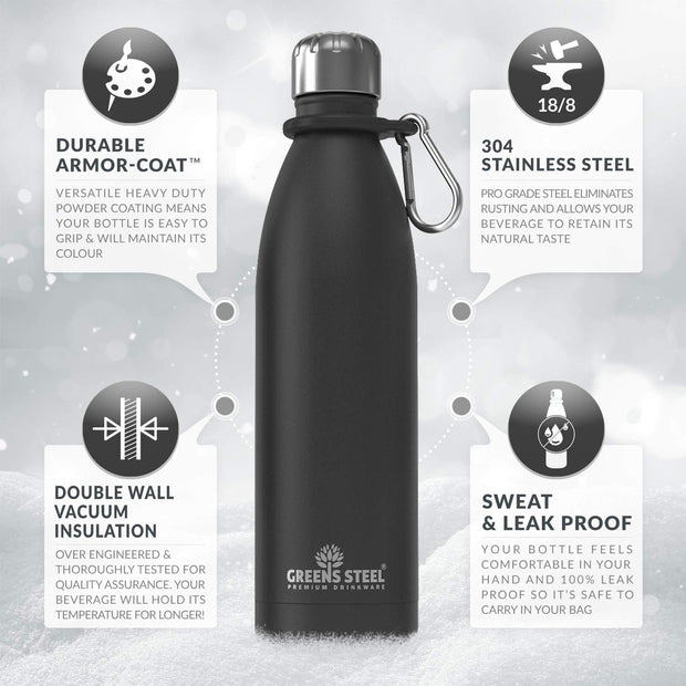 Stainless Steel Double Wall Vacuum Insulated Water Bottle with Carrier Holder for Adults & Kids - 12 oz, black