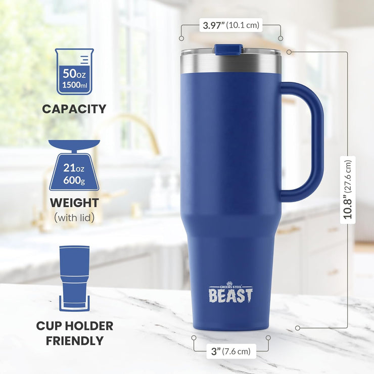 BEAST Stainless Steel Double Wall Insulated Tumbler With Straws, 50 oz, royal blue