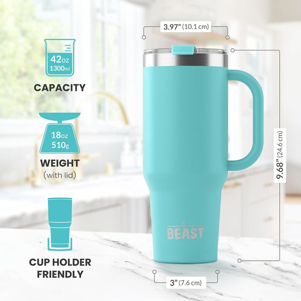 BEAST Stainless Steel Double Wall Insulated Tumbler With Straws, 42 oz stormy sky blue