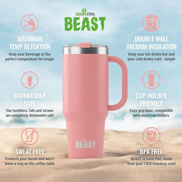 BEAST Stainless Steel Double Wall Insulated Tumbler With Straws, 42 oz, blossom