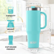 BEAST Stainless Steel Double Wall Insulated Tumbler With Straws, 50 oz, aquamarine blue