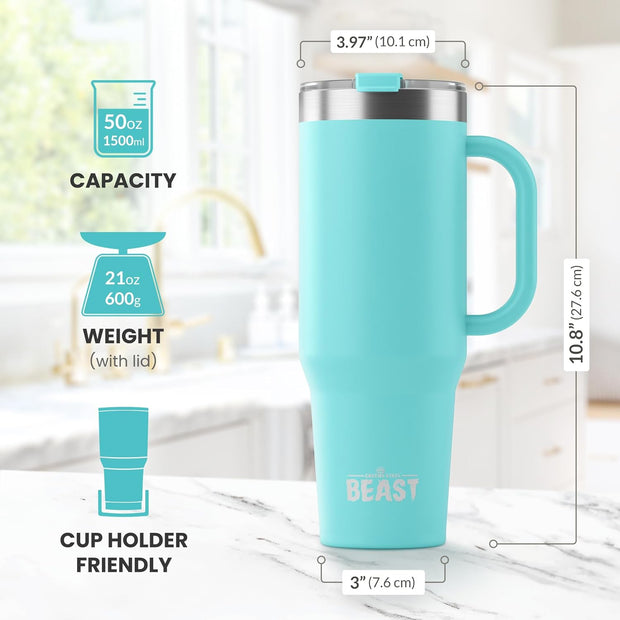 BEAST Stainless Steel Double Wall Insulated Tumbler With Straws, 50 oz, aquamarine blue