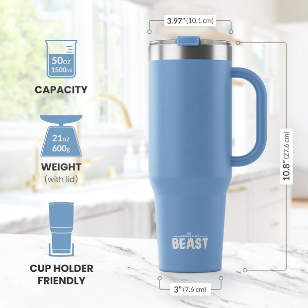 BEAST Stainless Steel Double Wall Insulated Tumbler With Straws, 50 oz, stormy sky