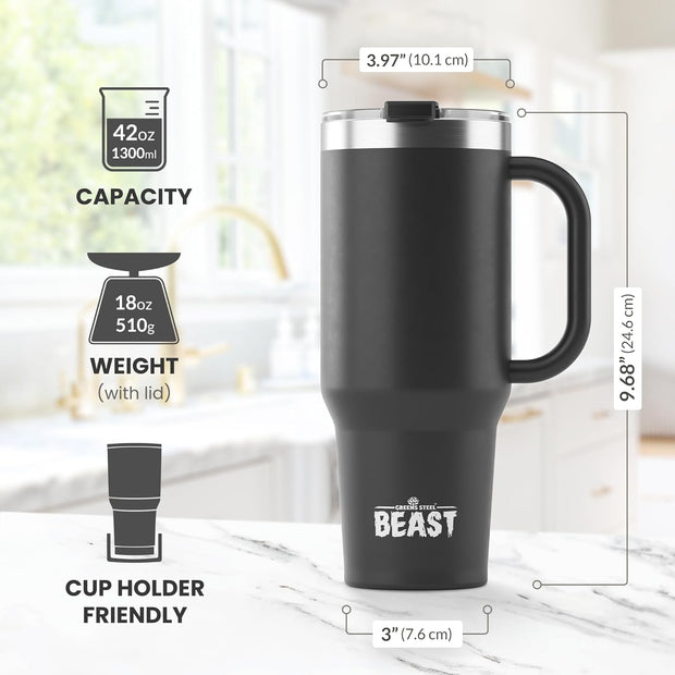 BEAST Stainless Steel Double Wall Insulated Tumbler With Straws, 42 oz, black