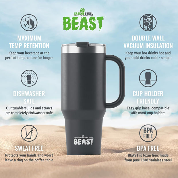 BEAST Stainless Steel Double Wall Insulated Tumbler With Straws, 50 oz, black