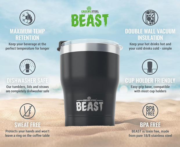 BEAST Stainless Steel Double Wall Insulated Tumbler With Straws, 10 oz black