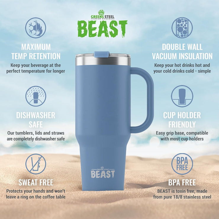 BEAST Stainless Steel Double Wall Insulated Tumbler With Straws, 50 oz, stormy sky