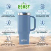 BEAST Stainless Steel Double Wall Insulated Tumbler With Straws, 42 oz, stormy sky blue