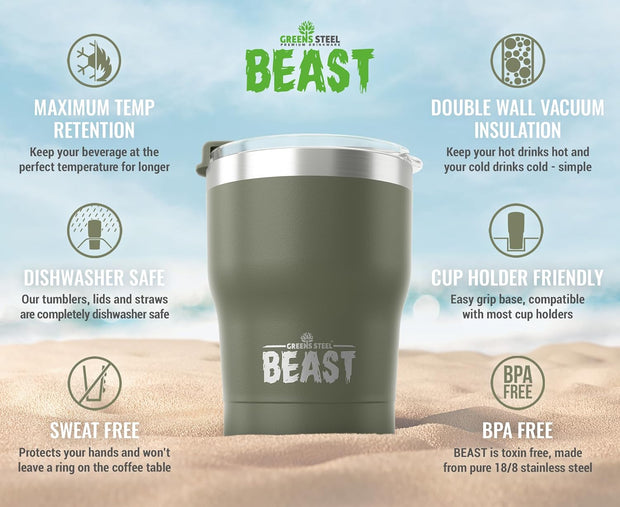 BEAST Stainless Steel Double Wall Insulated Tumbler With Straws, 10 oz army green