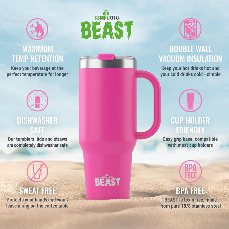 BEAST Stainless Steel Double Wall Insulated Tumbler With Straws, 42 oz, pink