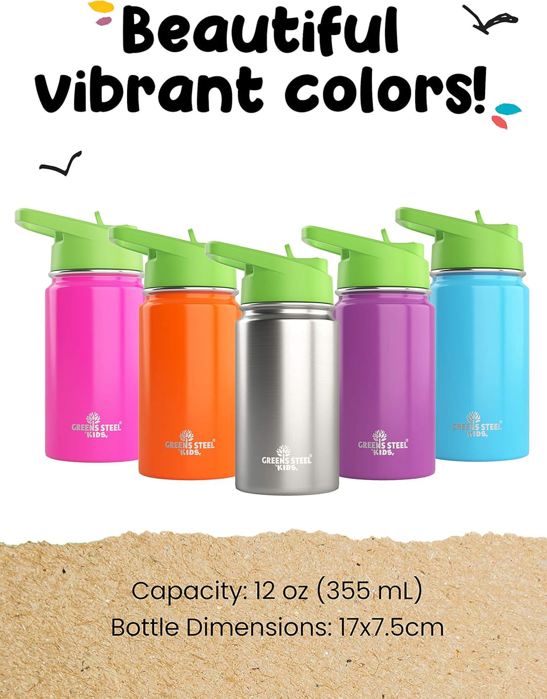 Greens Steel Kids Water Bottle - 12oz Orange | Leak Proof With Straw & Handle | 24 Hours Cold | Insulated, Double Wall Stainless Steel