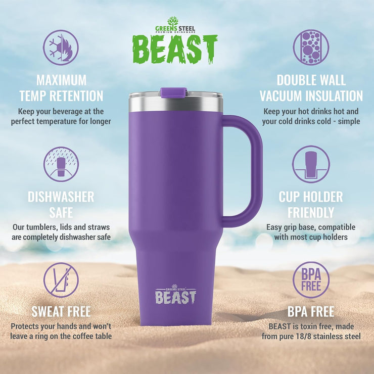 BEAST Stainless Steel Double Wall Insulated Tumbler With Straws, 42 oz, purple