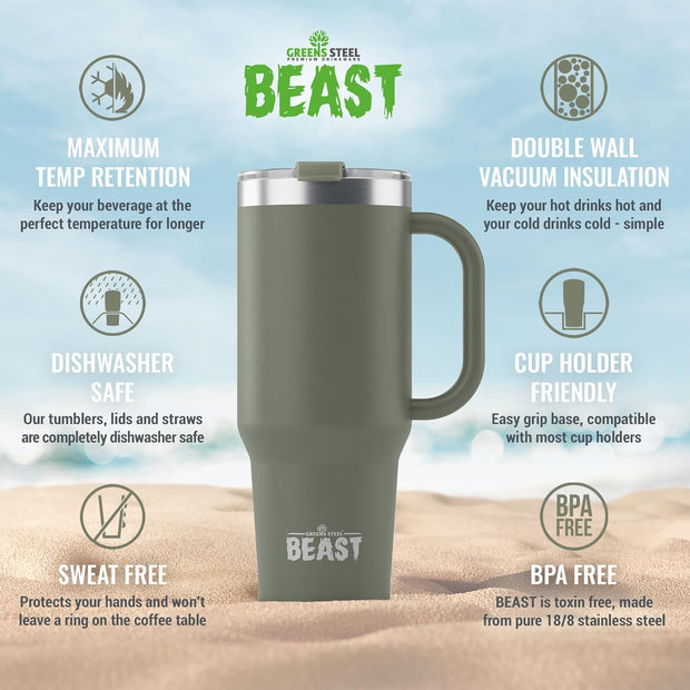 BEAST Stainless Steel Double Wall Insulated Tumbler With Straws, 42 oz army green 