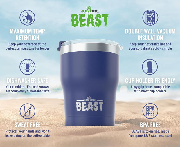 BEAST Stainless Steel Double Wall Insulated Tumbler With Straws, 10 oz, royal blue