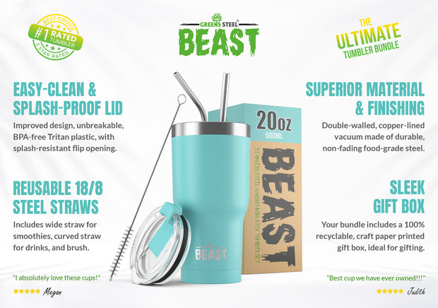 Reusable Stainless Steel Double Insulated Coffee Tumbler With Straw - Greens Steel - 20 oz - Aquamarine Blue