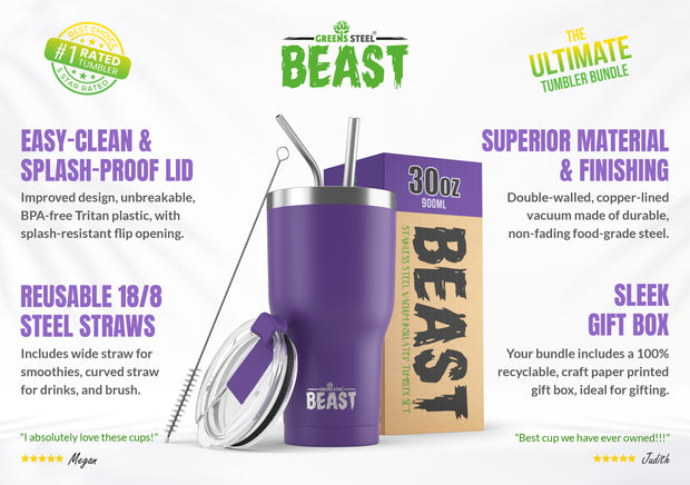 Reusable Stainless Steel Double Insulated Coffee Tumbler With Straw - Greens Steel - 30 oz - Purple