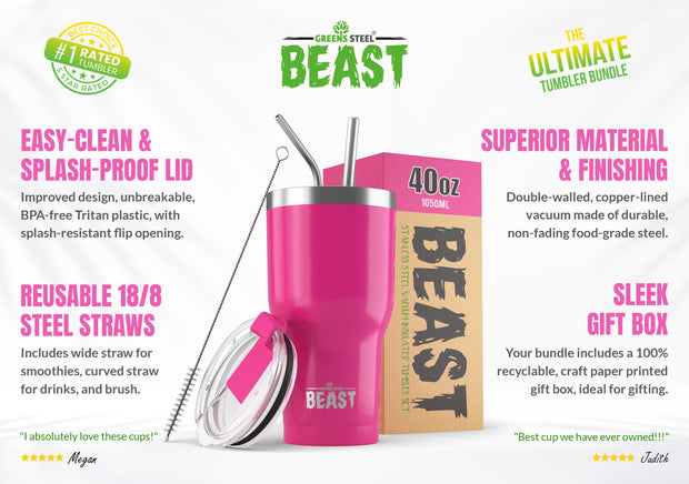 Reusable Stainless Steel Double Insulated Coffee Tumbler With Straw - Greens Steel - Hot Pink