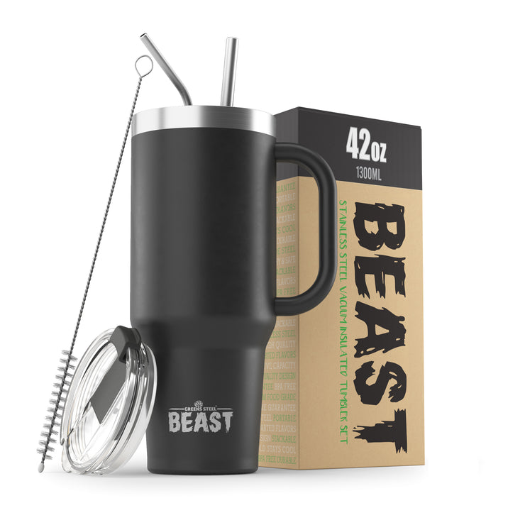 BEAST Stainless Steel Double Wall Insulated Tumbler With Straws, 42 oz, black