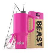 BEAST Stainless Steel Double Wall Insulated Tumbler With Straws, 42 oz, pink