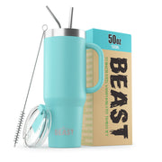 BEAST Stainless Steel Double Wall Insulated Tumbler With Straws, 50 oz, aquamarine blue