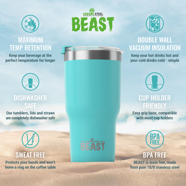 Reusable Stainless Steel Double Insulated Coffee Tumbler With Straw - Greens Steel - 30 oz - Aquamarine Blue