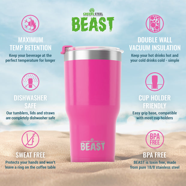 BEAST Stainless Steel Double Wall Insulated Tumbler with Straws, 30 oz, Pink
