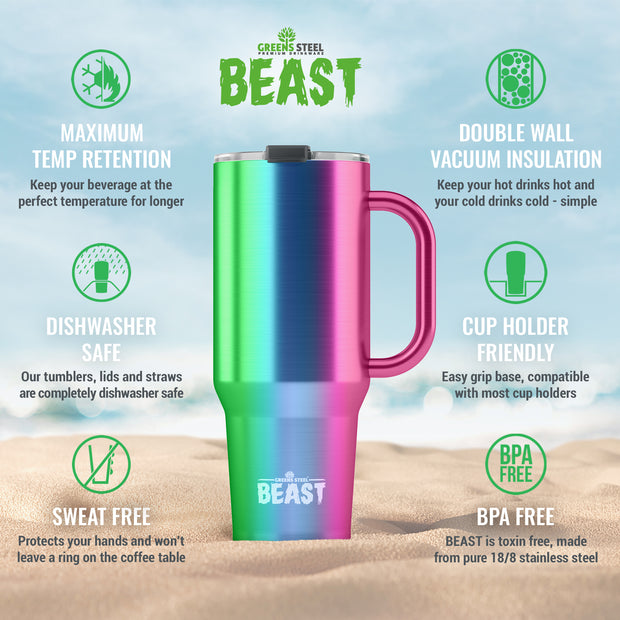 BEAST Stainless Steel Double Wall Insulated Tumbler With Straws, 50 oz, rainbow
