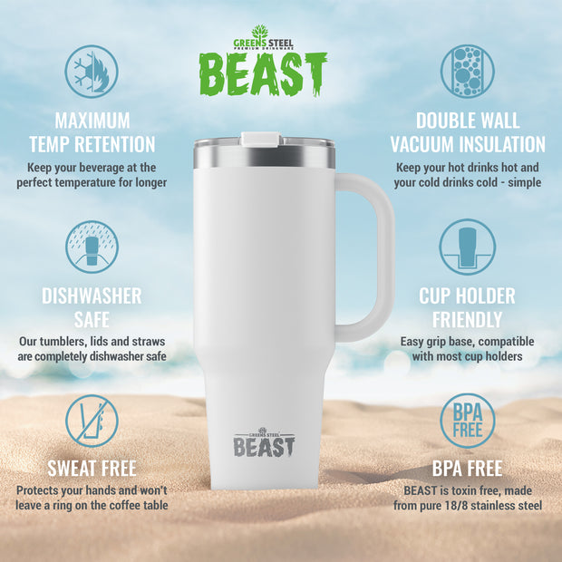 BEAST Stainless Steel Double Wall Insulated Tumbler With Straws, 50 oz white