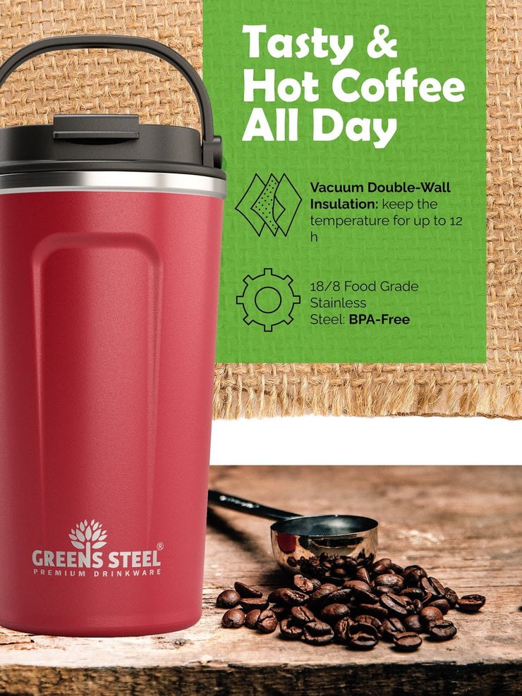 Stainless Steel Insulated Coffee Mug for Hot & Cold Drinks, 12 oz Red - Coffee Cup with Lid and Handle - Coffee Travel Mug - 100% Leak-Proof