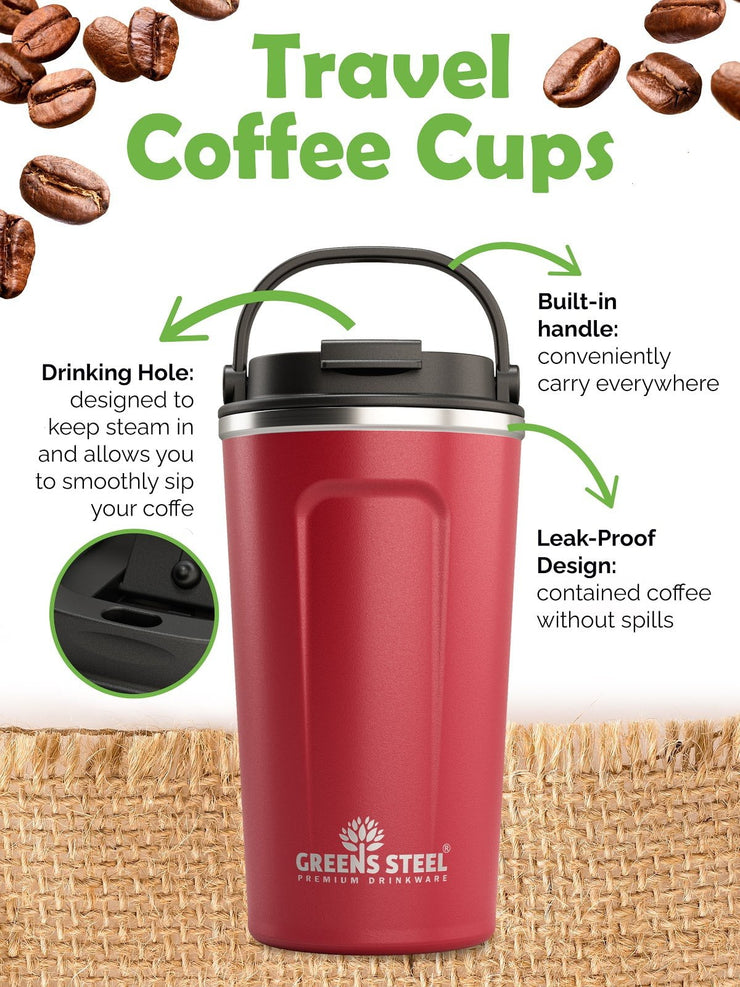 Reusable Coffee Cup with Lid and Handle - Stainless Steel Insulated Coffee Mug for Hot & Cold Drinks - Ideal Travel Mugs - 100% Leak-Proof Tumbler - 12oz & 16oz