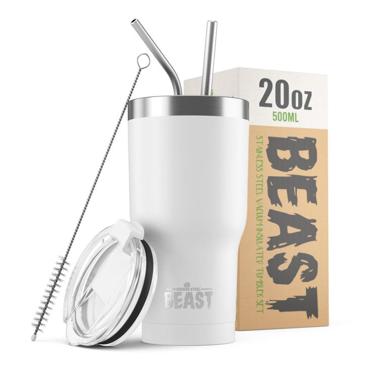Reusable Stainless Steel Double Insulated Coffee Tumbler With Straw - Greens Steel - White