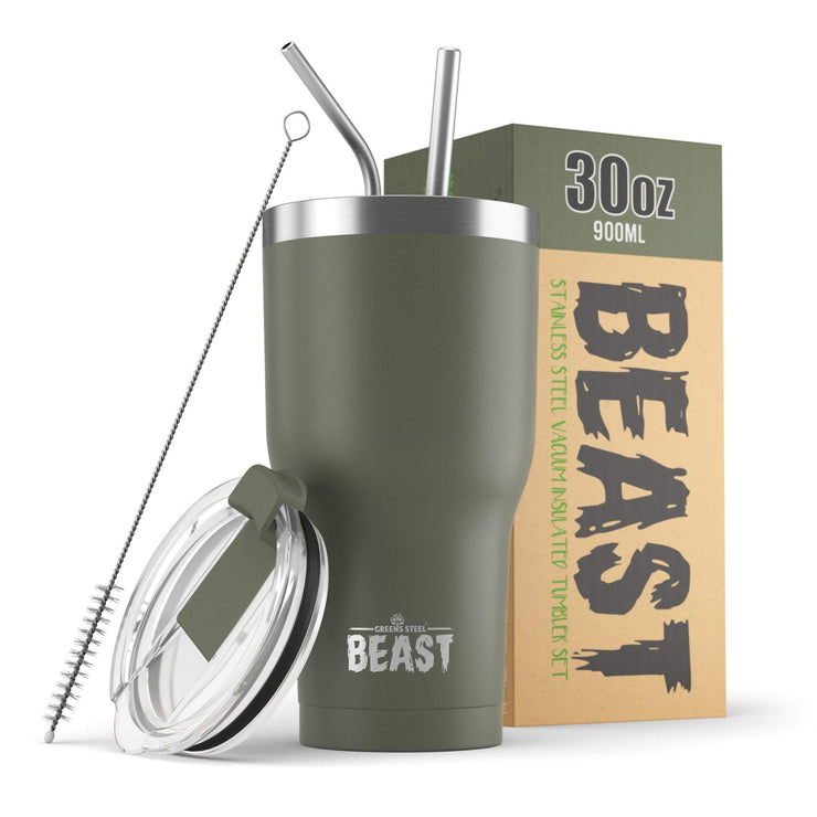 Reusable Stainless Steel Double Insulated Coffee Tumbler With Straw - Greens Steel - Army Green