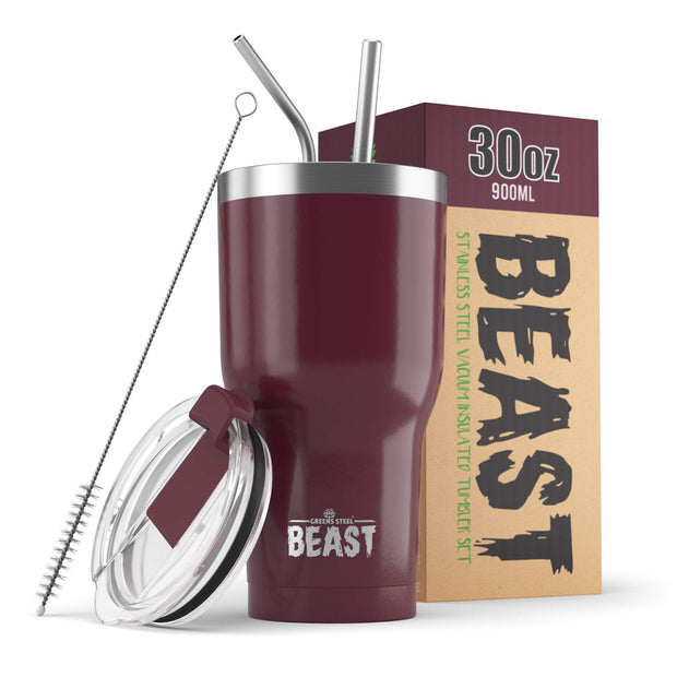 Reusable Stainless Steel Double Insulated Coffee Tumbler With Straw - Greens Steel - Cranberry