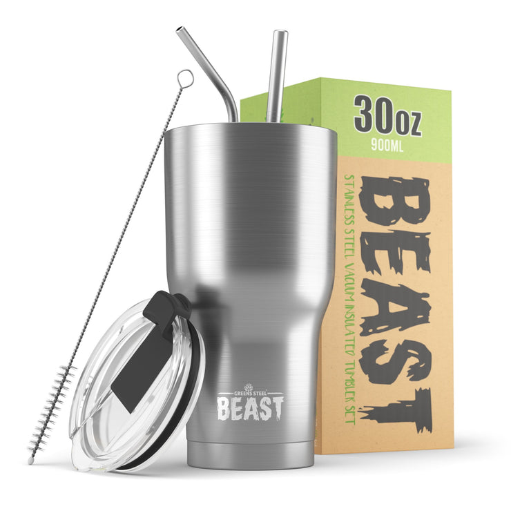 Beast 30 oz Teal Tumbler Stainless Steel Insulated Coffee Cup with Lid 2 Straws Brush Gift Box by Greens Steel 30oz Aquamarine Blue