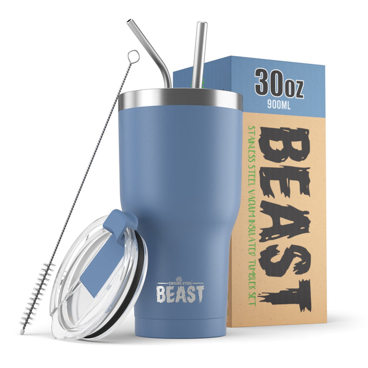 Beast 30 oz Teal Tumbler Stainless Steel Insulated Coffee Cup with Lid 2 Straws Brush Gift Box by Greens Steel 30oz Aquamarine Blue