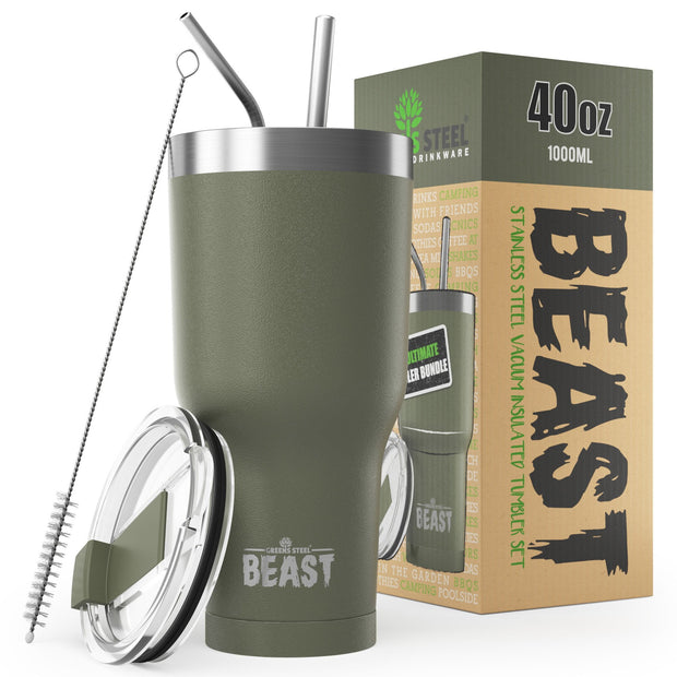 Reusable Stainless Steel Double Insulated Coffee Tumbler With Straw - Greens Steel - Army Green