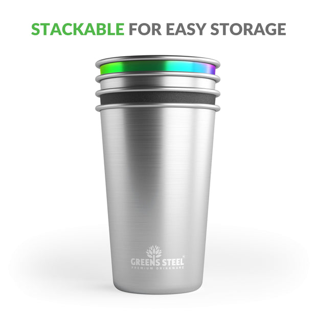 #1 Premium Stainless Steel Cups 16oz Pint Cup Tumbler (4 Pack) by Greens Steel - Premium Metal Cups - Stackable Durable Cup