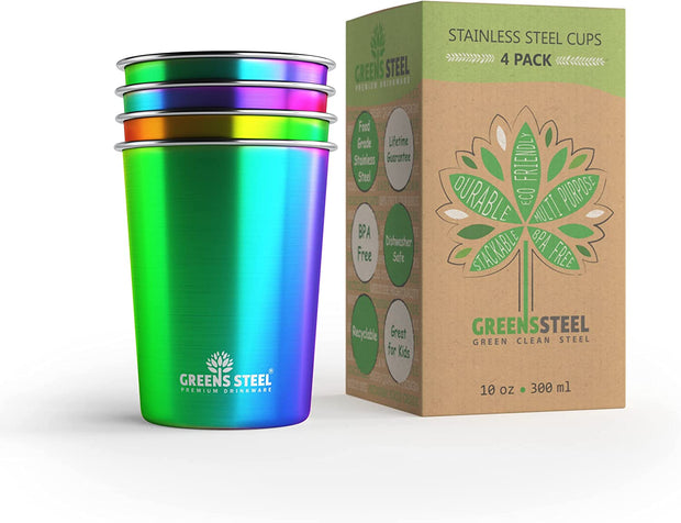 #1 Premium Stainless Steel Cups 16oz Pint Cup Tumbler (4 Pack) by Greens Steel - Premium Metal Cups - Stackable Durable Cup