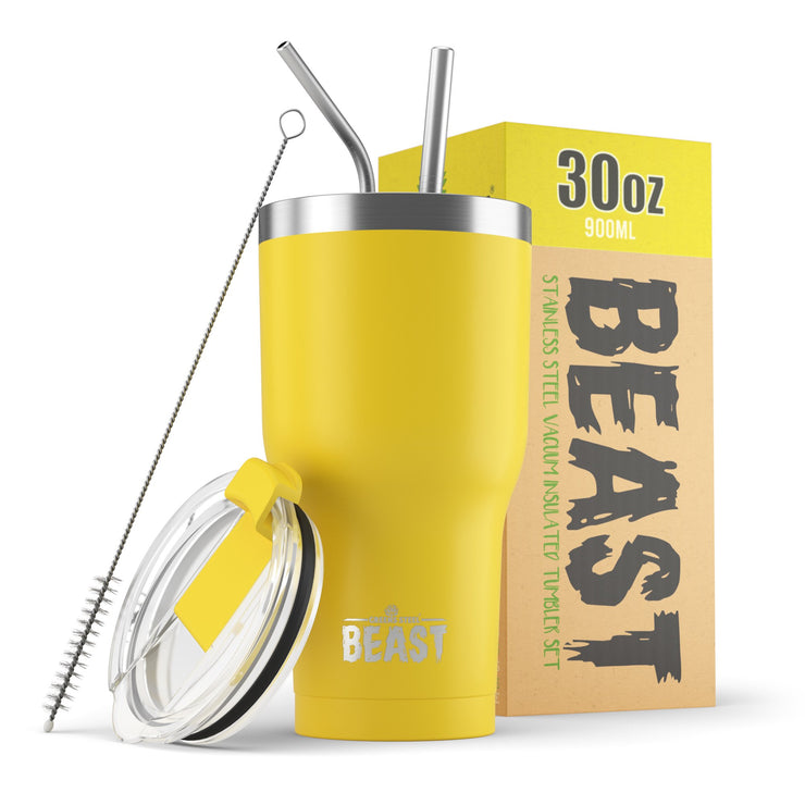 Reusable Stainless Steel Double Insulated Coffee Tumbler With Straw - Greens Steel - lemon